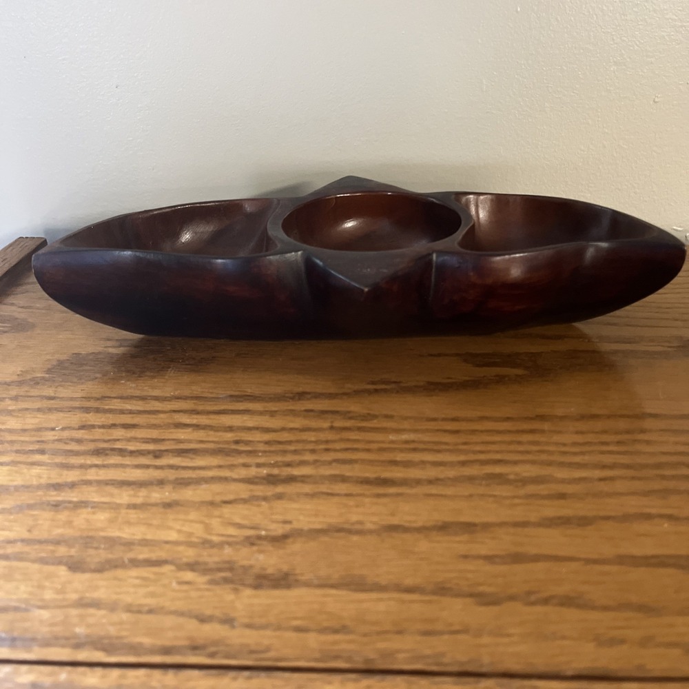 Vintage Solid Wood Bowl Divided Nut Dish Coin Tray Geometric MCM Rare Shape - Picture 7 of 13
